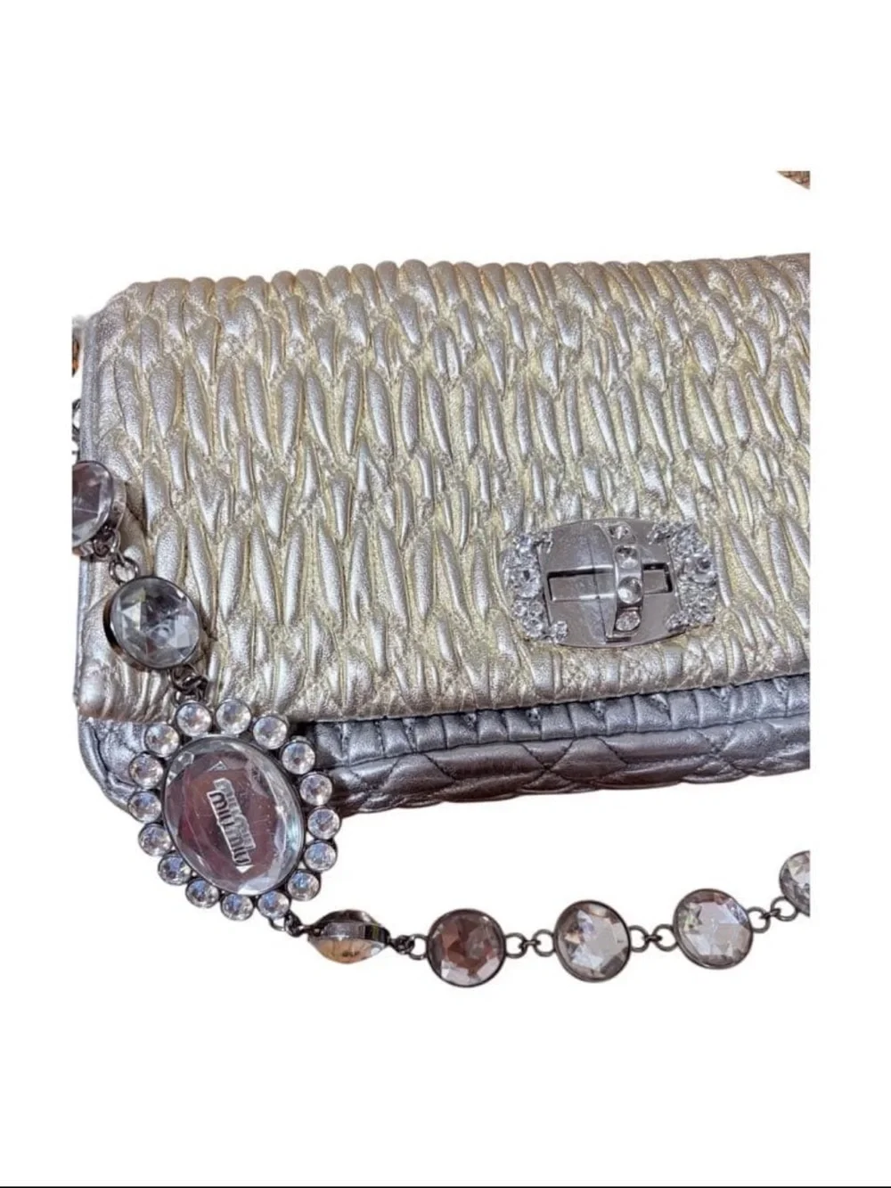 Miu Miu Shimmery Silver Quilted Evening Clutch with Jeweled Strap